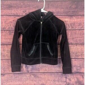 Y2k Style Juicy Couture Girls Black Velour Full Zip Hoodie Size 7/8 Crown Logo